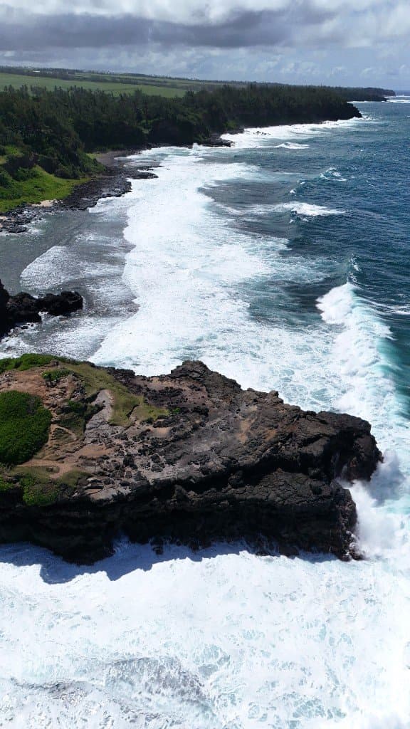 Côte rocheuse et vagues vues du drone, végétation et océan